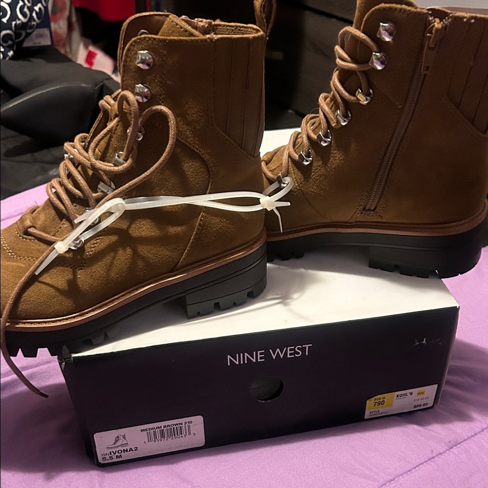 Nine West Tan Lace-Up Lug Sole Boots - Picture 3 of 4